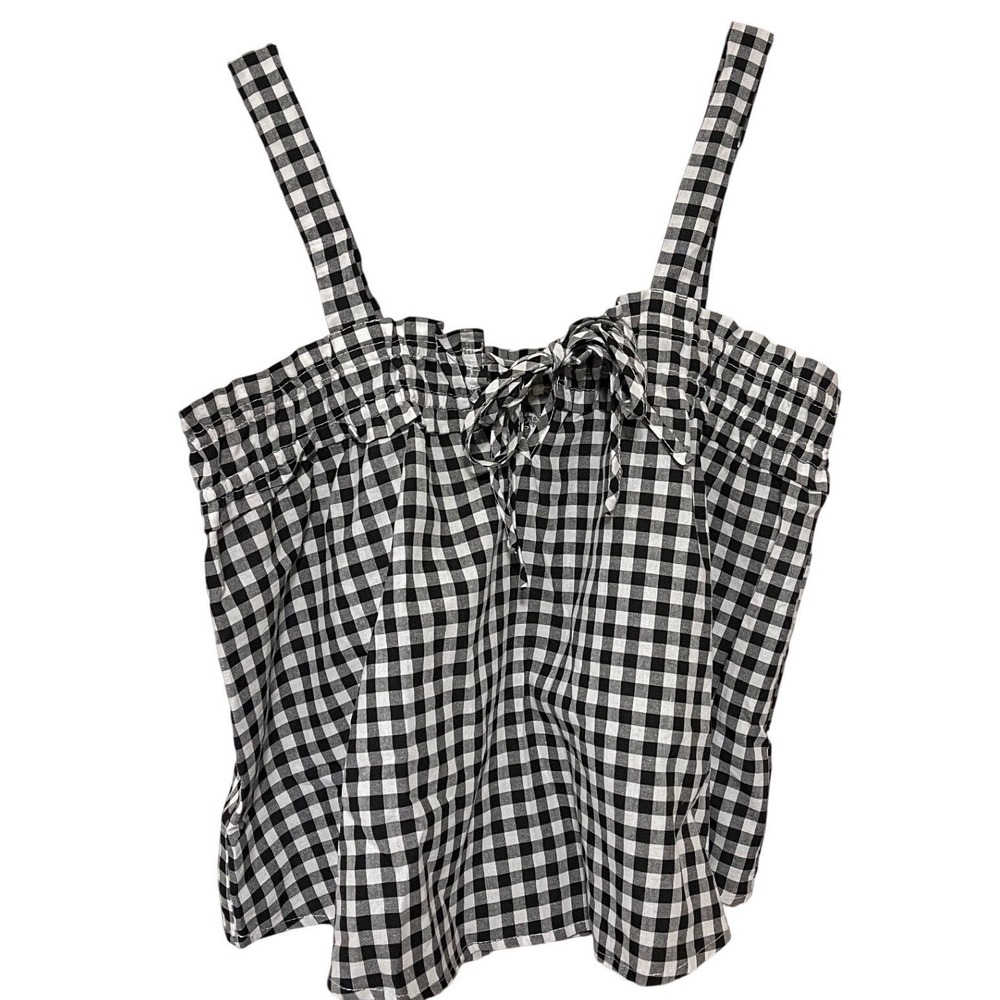 Gingham Smocked Tie Front Camisole Top Black White Check Sleeveless Size L - Picture 2 of 7